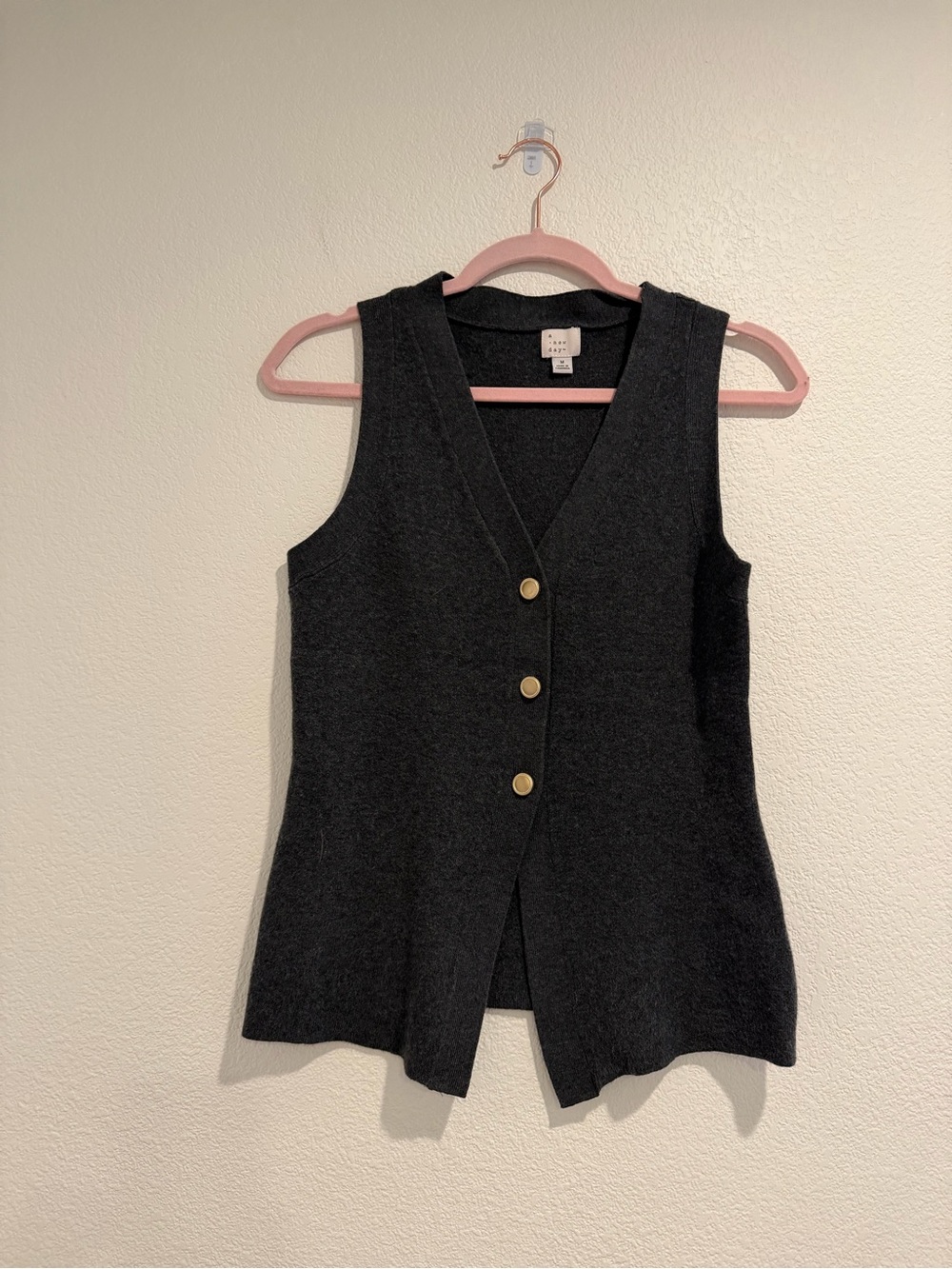 a new day. | Dark Gray Sleeveless Knit Vest with Gold Buttons - Size M